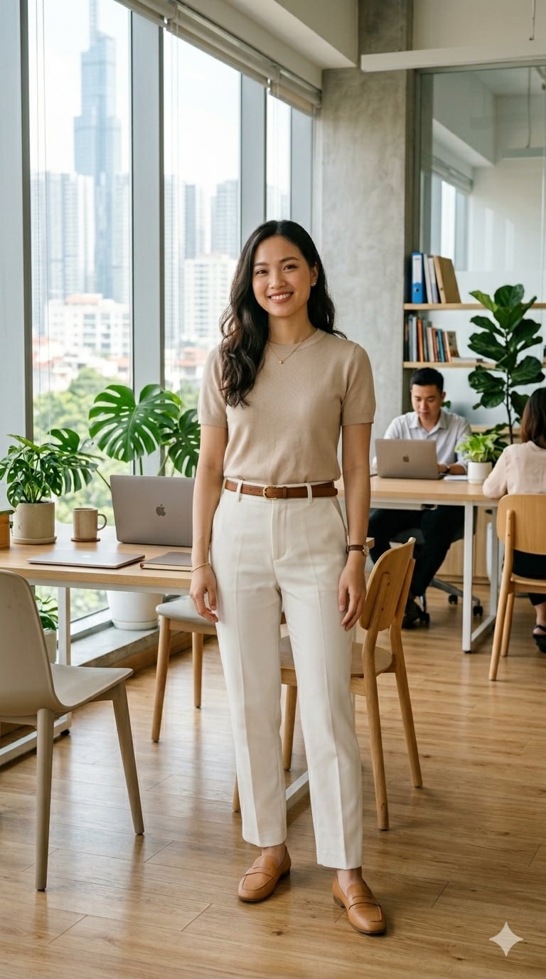 Áo thun và quần âu là lựa chọn cân bằng giữa sự thoải mái và vẻ chuyên nghiệp nơi công sở.