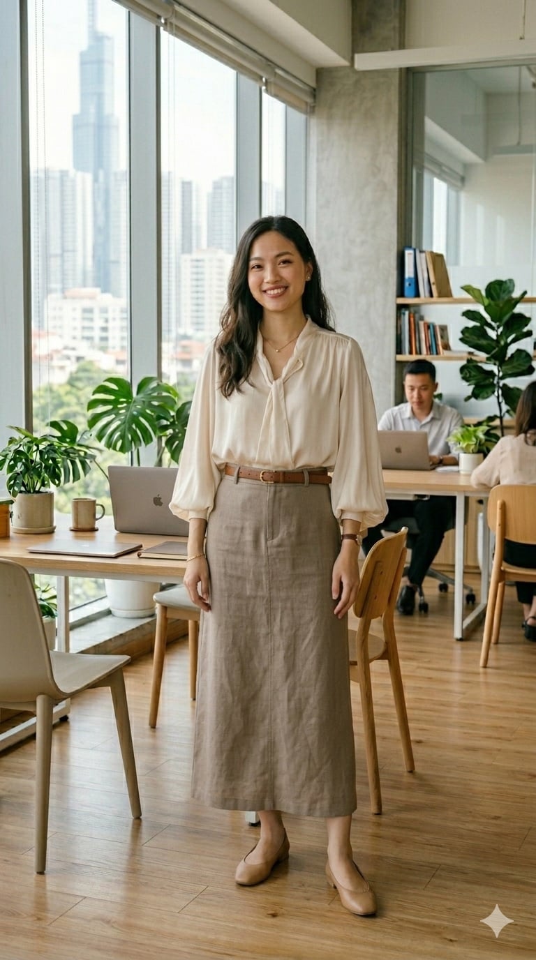 Sự kết hợp giữa chân váy suông và áo blouse giúp tổng thể hài hòa giữa tinh tế và trưởng thành.