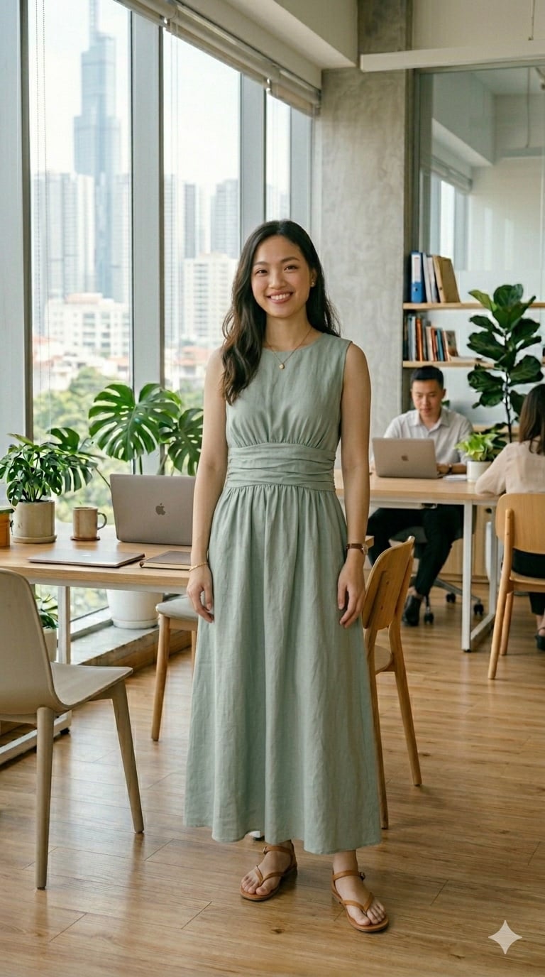 Váy dài nhấn eo là lựa chọn nhanh gọn cho ngày bận rộn mà vẫn đảm bảo vẻ ngoài chỉn chu.