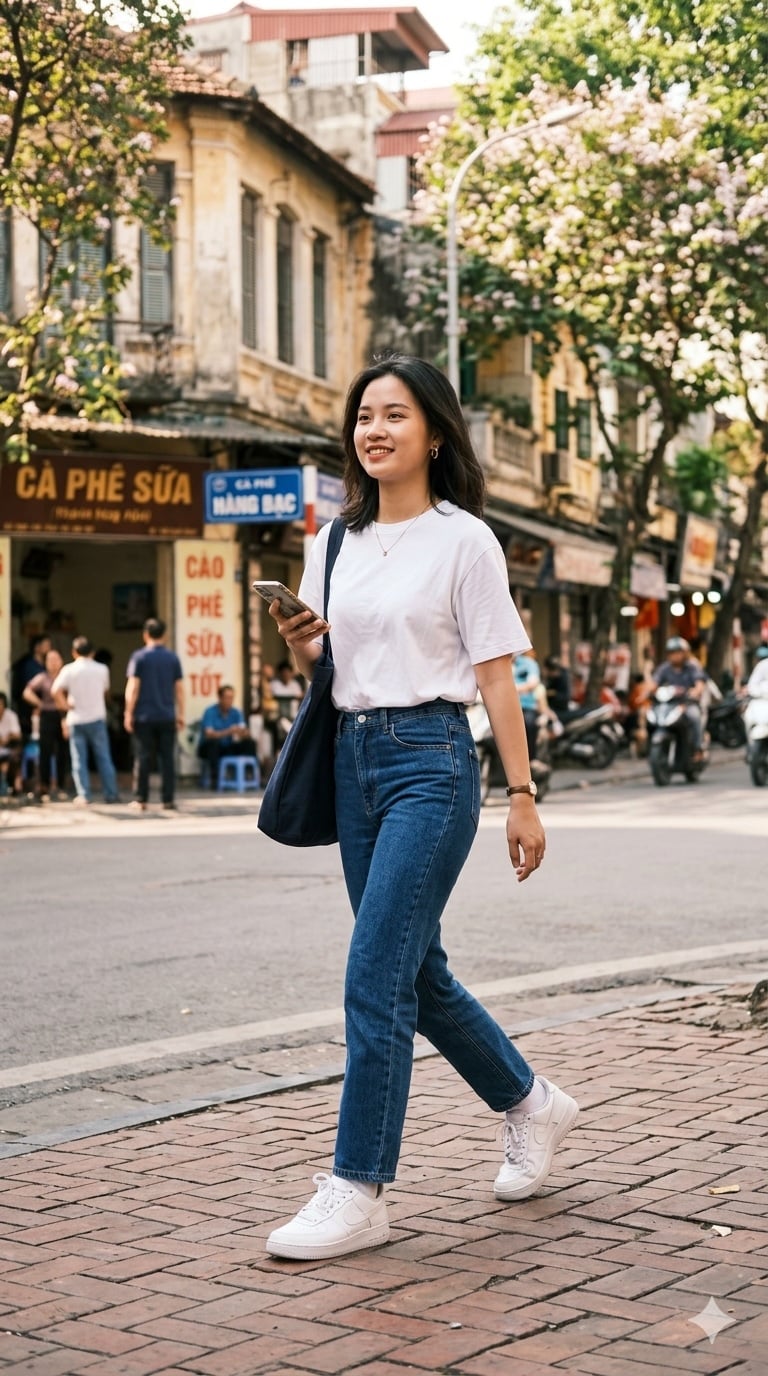 Jeans và áo basic là công thức “quốc dân” giúp bạn trẻ trung mà không cần suy nghĩ nhiều.