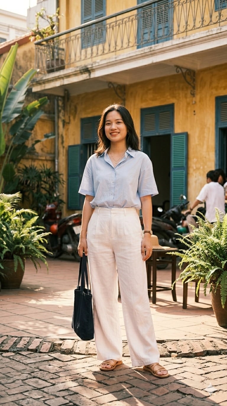 Áo sáng màu kết hợp quần trắng giúp diện mạo luôn tươi mới và dễ gây thiện cảm.