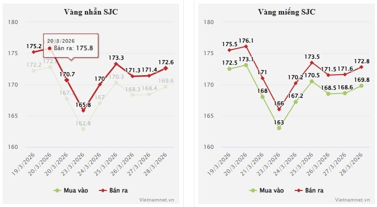 Trước đó, phiên cuối tuần (28/3) ghi nhận giá vàng tăng mạnh, với SJC đạt 169,8–172,8 triệu đồng/lượng. So với tuần trước nữa, mặt bằng giá vẫn cao hơn từ 1,2 đến gần 1,9 triệu đồng/lượng tùy loại.    
