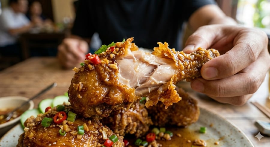 Miếng gà bên ngoài giòn tan, bên trong mềm mọng, thấm đẫm gia vị khiến ai ăn cũng mê.