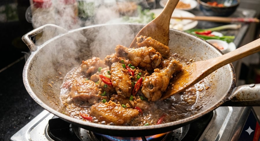 Đảo gà trong chảo nước mắm sánh sệt, tỏi phi thơm lừng lan tỏa khắp gian bếp.