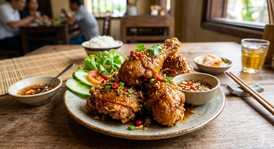 Gà chiên nước mắm vàng óng, lớp da giòn rụm phủ đều sốt mặn ngọt hấp dẫn, nhìn là muốn ăn ngay.