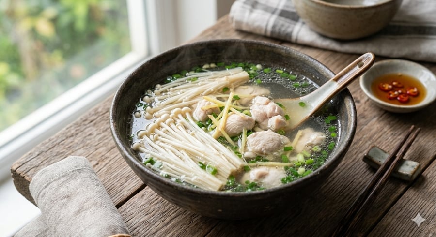 Canh nấm kim châm nấu thịt gà – món ăn nhẹ, dễ tiêu và giàu dinh dưỡng