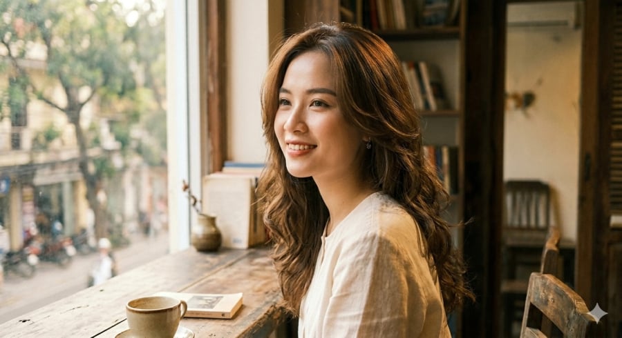 Tóc layer sóng tự nhiên “đánh lừa thị giác”, giúp gương mặt trông hài hòa hơn.