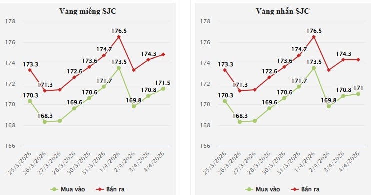 Vàng nhẫn tròn ép vỉ 9999 của Bảo Tín Mạnh Hải niêm yết 168,1–171,1 triệu đồng/lượng, giảm 1,4 triệu đồng/lượng ở cả hai chiều, tương tự, vàng nhẫn trơn Bảo Tín Minh Châu cũng giao dịch 168,1–171,1 triệu đồng/lượng, giảm tương tự.    
