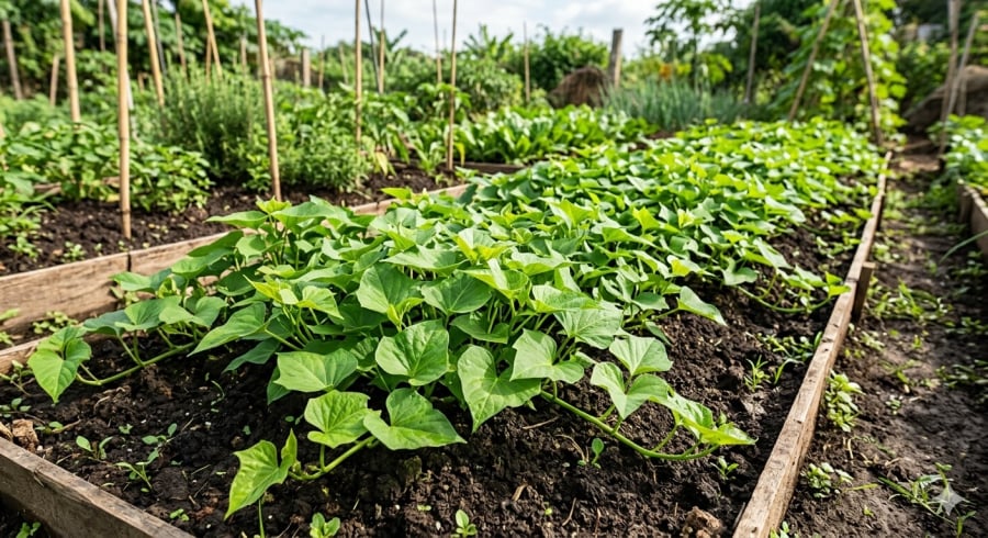 Rau khoai lang sinh trưởng nhanh, chỉ sau 20–30 ngày đã có thể thu hoạch nhiều đợt.