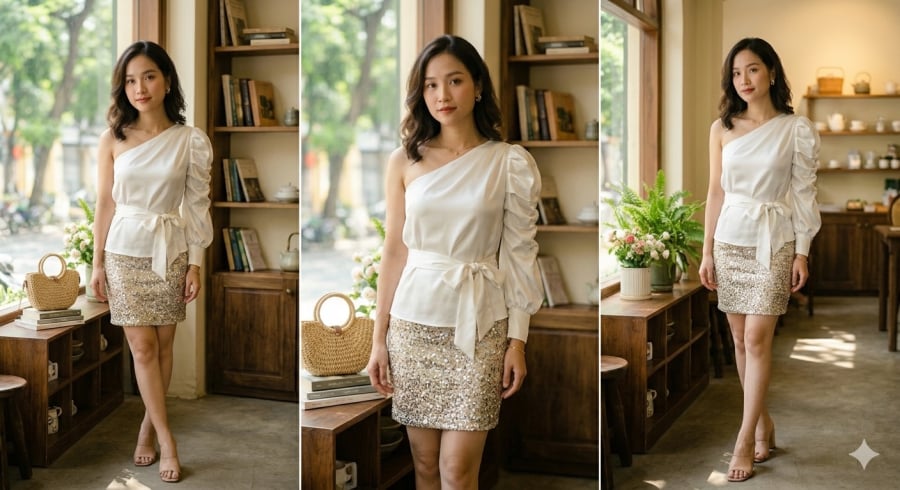 Thiết kế lệch vai tạo hiệu ứng bất đối xứng, giúp ánh nhìn không tập trung vào phần bắp tay