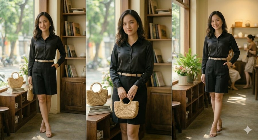 Những gam màu tối như đen, xanh navy hay nâu trầm giúp “thu nhỏ” thị giác, khiến bắp tay trông gọn hơn