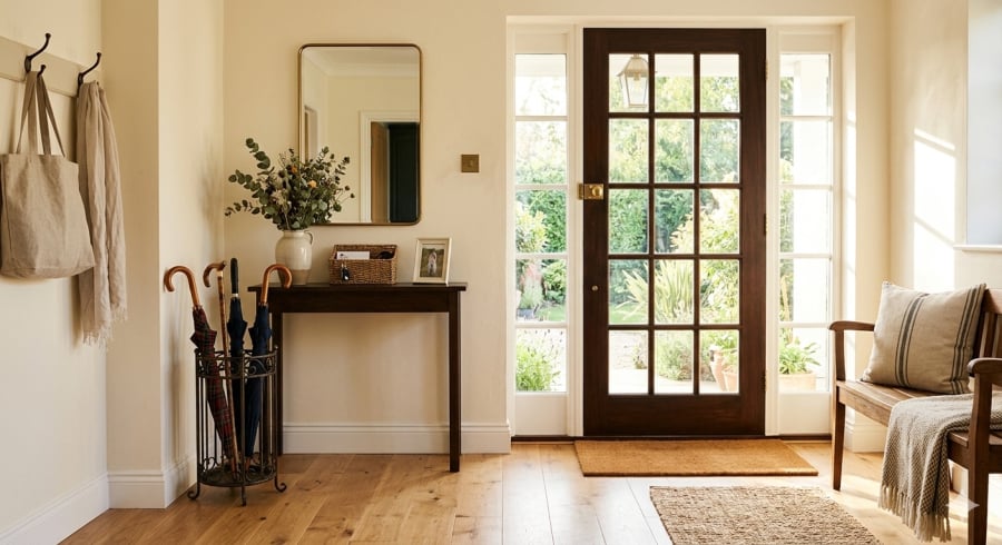 Đặt ô gọn gàng gần cửa chính giúp không gian thông thoáng và dễ chịu hơn.