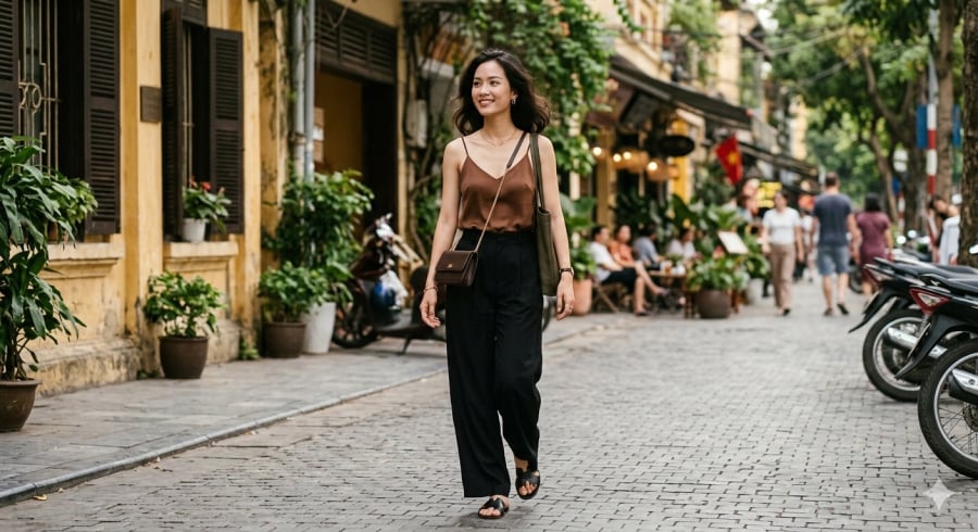 Phối áo hai dây với quần ống rộng giúp cân bằng sự mềm mại và tăng tính ứng dụng.