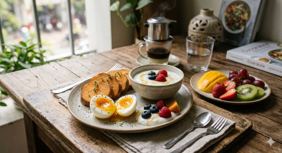 Bữa sáng đủ protein, chất xơ và tinh bột tốt giúp duy trì năng lượng ổn định