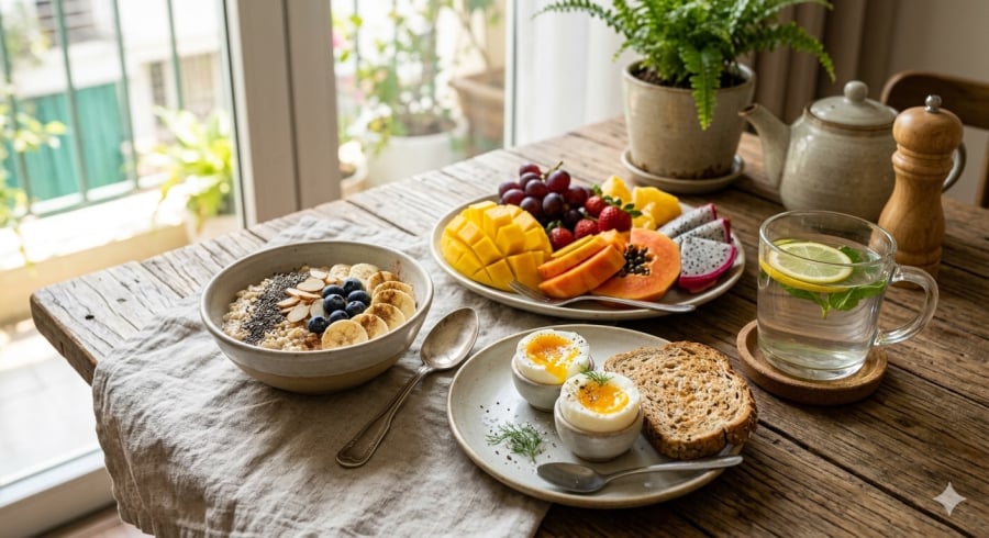 Bữa sáng cân bằng với thực phẩm tươi giúp cơ thể nhẹ nhàng “khởi động” sau một đêm dài