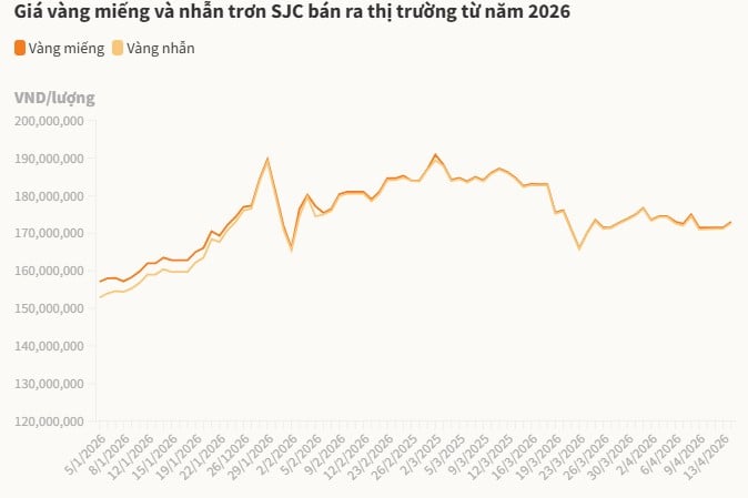 Vàng nhẫn trơn tại SJC tăng thêm 1,5 triệu đồng mỗi chiều, lên 170,2 – 172,7 triệu đồng/lượng. Các doanh nghiệp như PNJ và Bảo Tín Minh Châu niêm yết tương đương, trong khi DOJI cao hơn khoảng 300.000 đồng, dao động quanh 170 – 173 triệu đồng/lượng.    