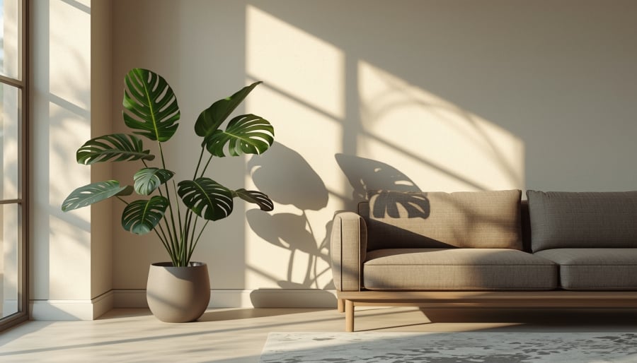 Trầu bà lá xẻ giúp tạo điểm nhấn mạnh và tăng chiều sâu cho không gian.