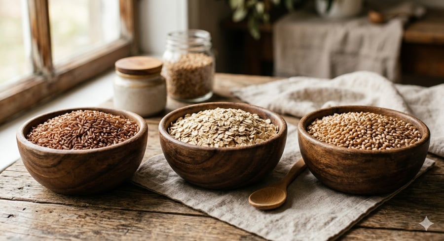Ngũ cốc nguyên hạt ít chế biến giúp giữ lại chất xơ và hỗ trợ kiểm soát đường huyết.