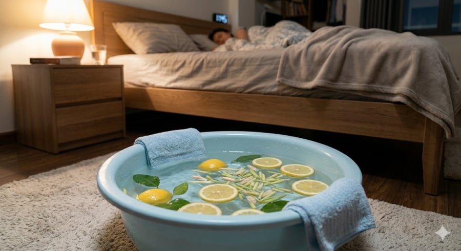 Thêm chanh hoặc sả vào chậu nước giúp không gian có hương thơm nhẹ, tạo cảm giác thư giãn trước khi ngủ.