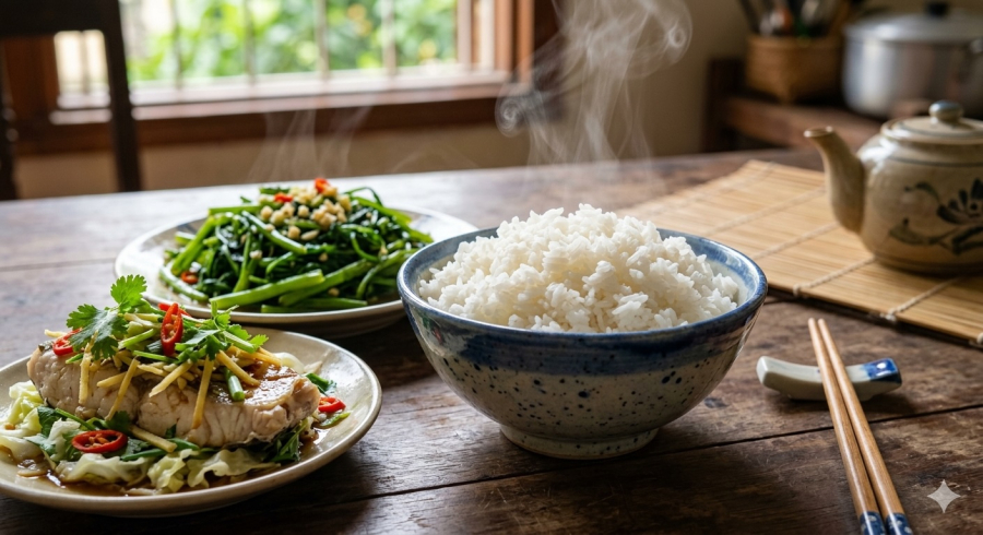 Cơm trắng khi kết hợp cùng thực phẩm ít dầu mỡ giúp cân bằng dinh dưỡng trong bữa ăn hàng ngày.