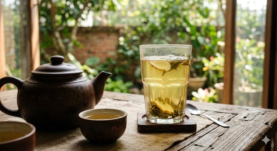 Nước lá vối thanh mát, có thể dùng như trà thảo mộc hằng ngày.