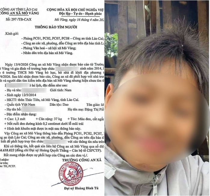 Trước đó, ngày 13-4, Công an xã Mỏ Vàng tiếp nhận tin báo từ nhà trường về việc em P.X.A. (SN 2014), học sinh lớp 6A, nhiều ngày không đến lớp.
