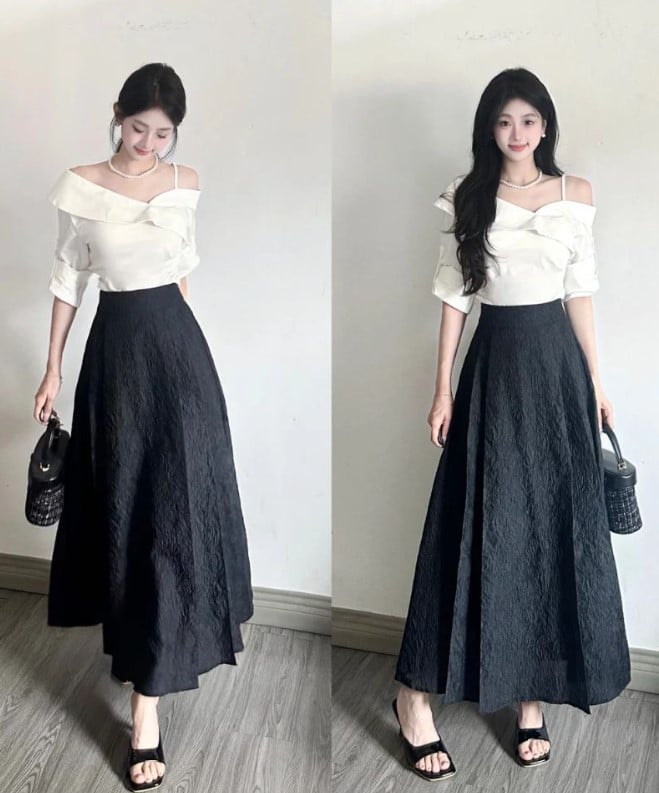 Chân váy dài, dù là dáng xòe hay suông, đều mang đến nét nữ tính rõ rệt. 