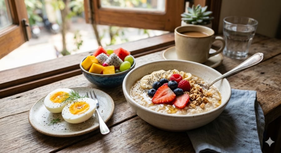 Bữa sáng cân bằng giúp cung cấp năng lượng và hỗ trợ sức khỏe lâu dài.