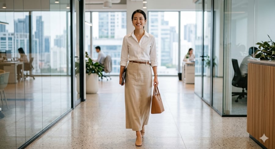 Chân váy dài giúp cân bằng giữa vẻ mềm mại và phong thái công sở.