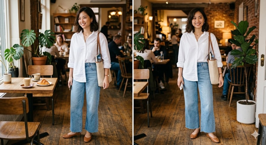 Áo sơ mi kết hợp jeans ống rộng giúp bạn dễ dàng chuyển từ phong cách công sở sang dạo phố.