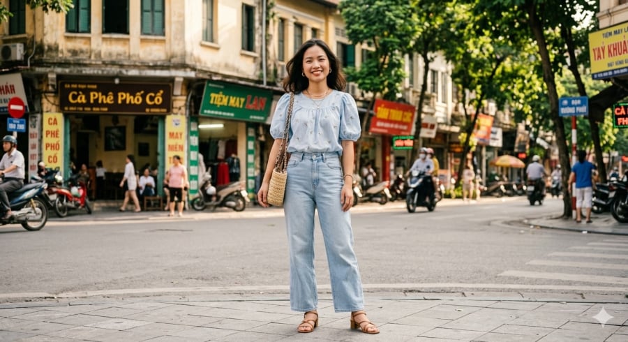 Quần jeans ống rộng kết hợp áo blouse tạo nên vẻ ngoài nữ tính, nhẹ nhàng nhưng vẫn rất thời trang.
