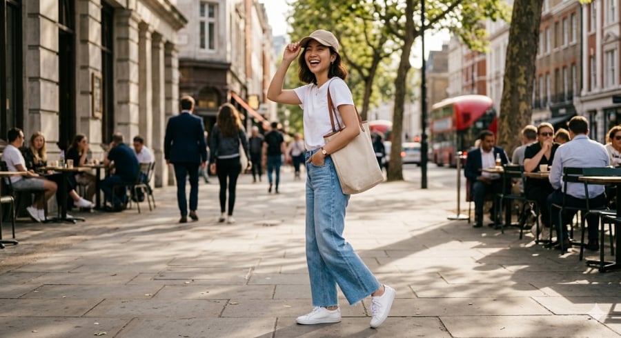 Công thức áo thun + jeans ống rộng luôn là lựa chọn an toàn cho phong cách năng động, trẻ trung.