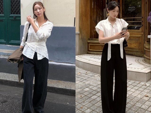Quần âu màu đen là kiểu quần dễ phối nhất khi đi cùng áo trắng, tạo nên tổng thể hài hòa và mang tính ứng dụng cao. 