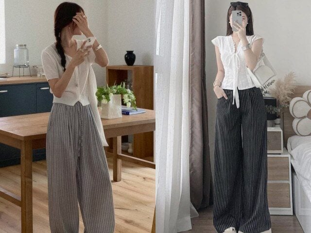 Vì áo trắng vốn tối giản, nên việc kết hợp với quần có họa tiết giúp tổng thể trở nên nổi bật mà không gây rối mắt. 