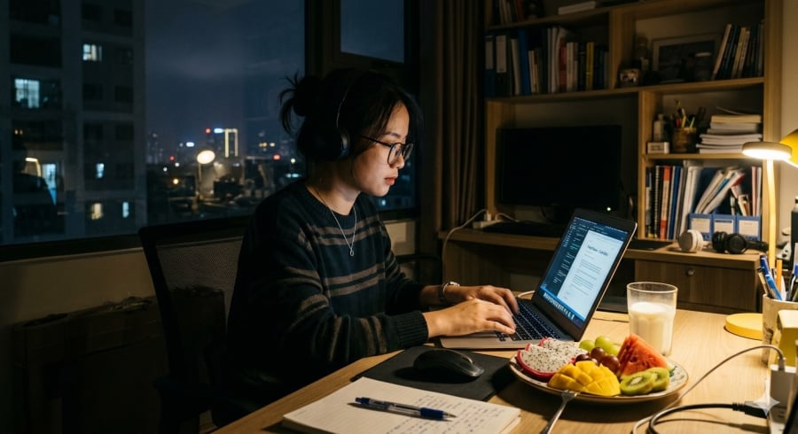 Ăn nhẹ đúng cách giúp duy trì năng lượng khi phải thức khuya làm việc.