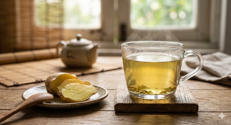 Uống trà xanh đúng cách, kết hợp gừng giúp tăng hương vị và hỗ trợ tiêu hóa