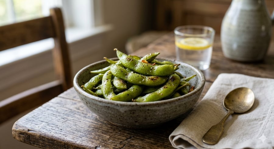 Rang hoặc áp chảo giúp đậu nành non thêm hấp dẫn mà vẫn giữ được lợi ích cho sức khỏe.