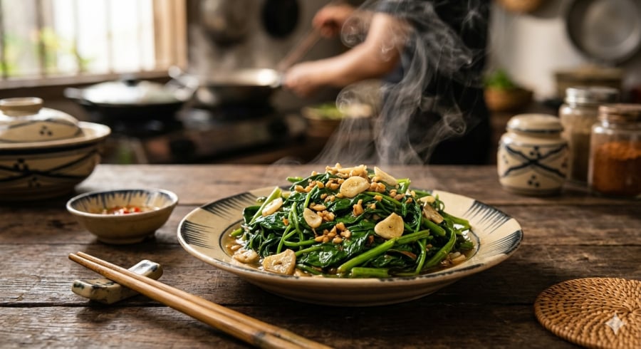 Món lá khoai lang xào tỏi đơn giản nhưng giữ được vị ngon và dinh dưỡng tự nhiên