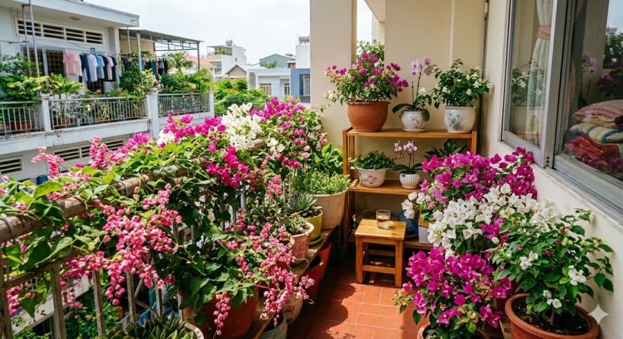 Hoa leo giúp ban công trở nên mềm mại và đầy sức sống hơn.