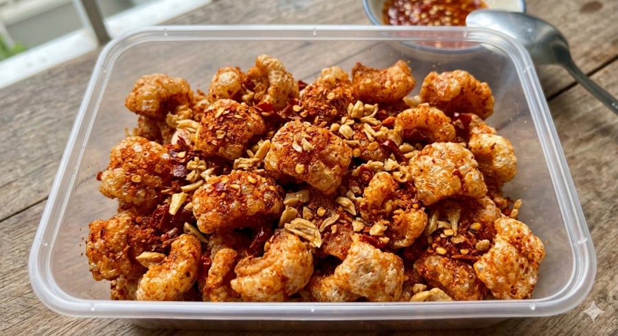 Da heo chiên giòn được đóng hộp tiện lợi, phù hợp xu hướng ăn vặt mang đi.