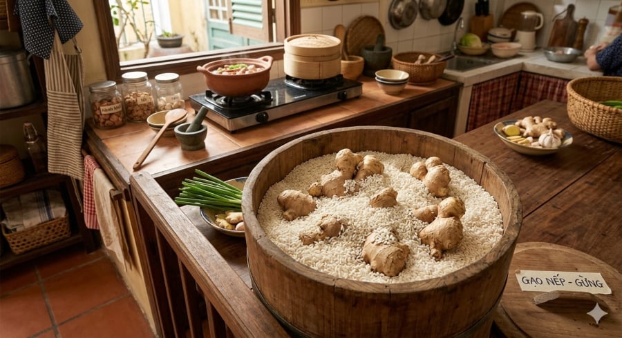 Gừng được vùi trong thùng gạo trong không gian bếp gia đình