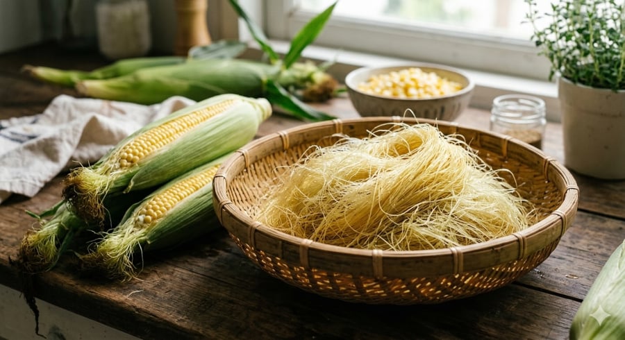Râu ngô tươi – nguyên liệu dân dã, dễ tìm và dễ chế biến thành nước uống hằng ngày.