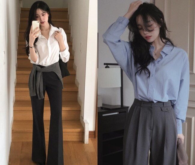 Áo sơ mi và quần âu là bộ đôi mang tính “kinh điển” trong thời trang, đặc biệt phù hợp với phụ nữ U40. 