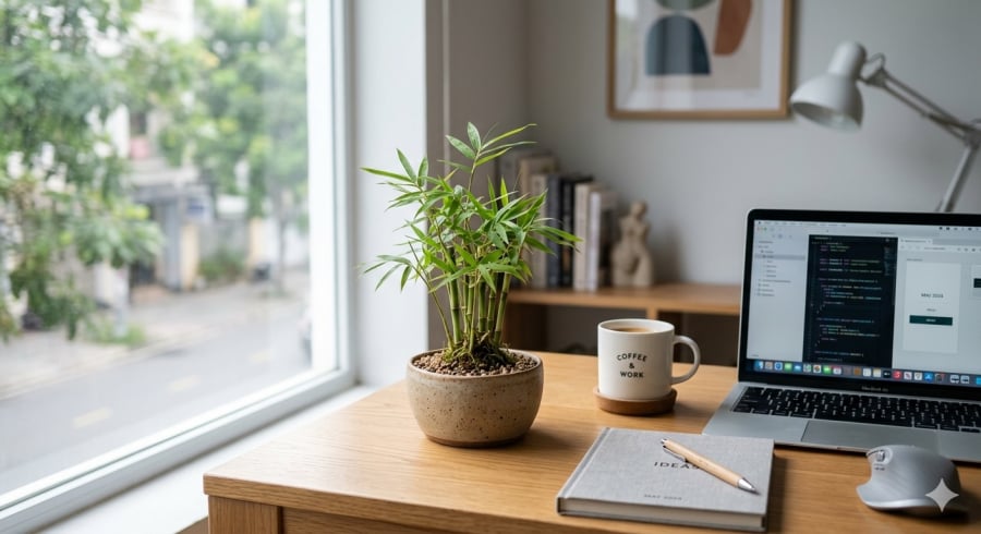 Tre cảnh mini giúp góc làm việc thêm tươi mới và tạo cảm giác tích cực.