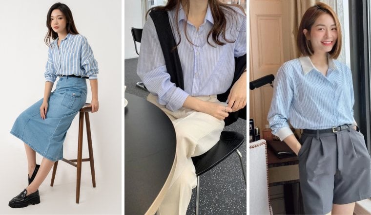 Với những ai yêu thích sự thanh lịch nhẹ nhàng, áo sơ mi kẻ sọc tông màu trung tính như xanh – trắng hoặc be – trắng là lựa chọn lý tưởng.