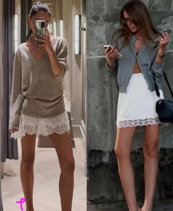 Chân váy viền ren gây ấn tượng nhờ cách cân bằng giữa hai yếu tố tưởng chừng đối lập.