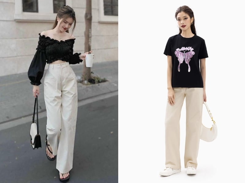 Sự kết hợp giữa áo thun đen và quần trắng luôn mang đến cảm giác hài hòa, tinh tế mà không cần quá nhiều phụ kiện. 