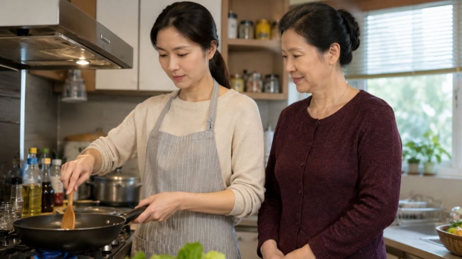 Mỗi lần tôi nấu ăn, bà thường đứng bên cạnh để nhắc nhở góp ý cho 
