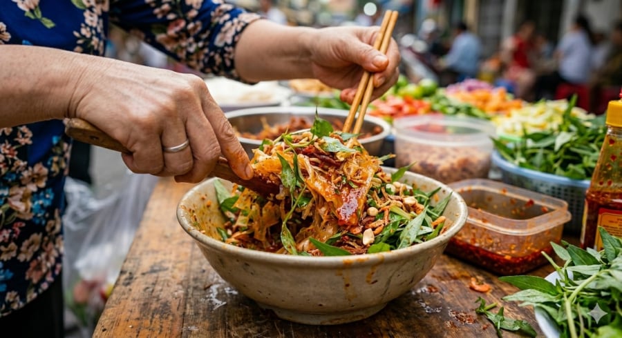 Từng sợi bánh tráng thấm đều sa tế, hòa quyện cùng bò khô, trứng cút và hành phi vàng giòn.