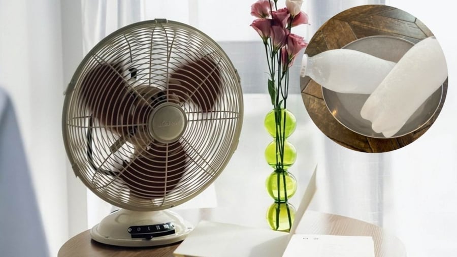 Đặt chai nước đông đá trước quạt sẽ giúp tạo ra luồng gió mát, hạ nhiệt cho căn phòng. 